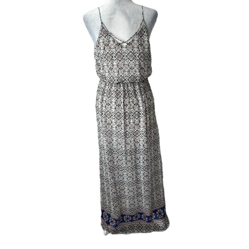 Sienna Sky Maxi Dress Black White Pattern Strappy Flowy V Neck SZ L